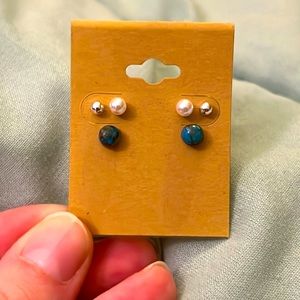 Three pairs of 925 post earrings- lapis lazuli, pearl, and silver